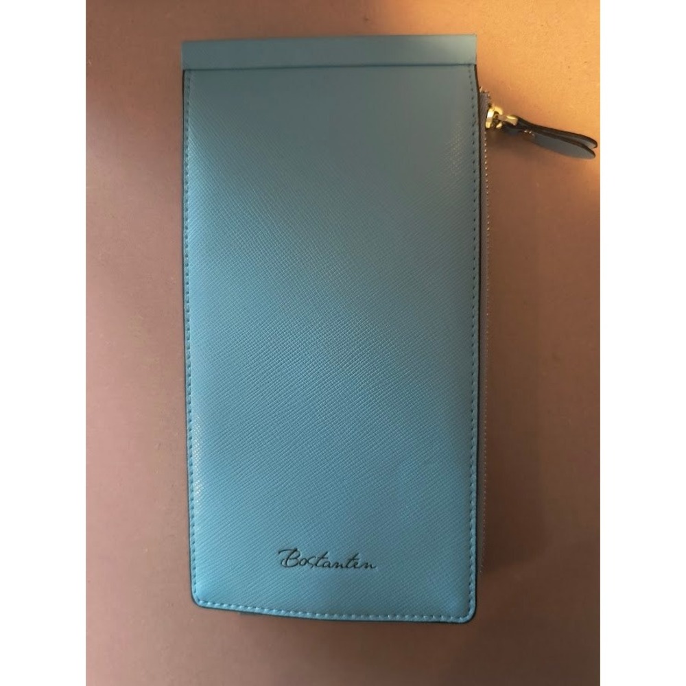 Bostanten Light Blue Saffiano Leather Slim Bifold Wallet 24 Card Slots Snap Zip